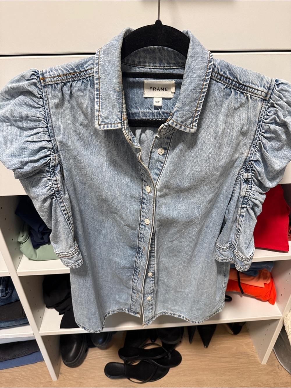 Frame Denim Light Blue Puff Sleeve Denim Button-Down Shirt
